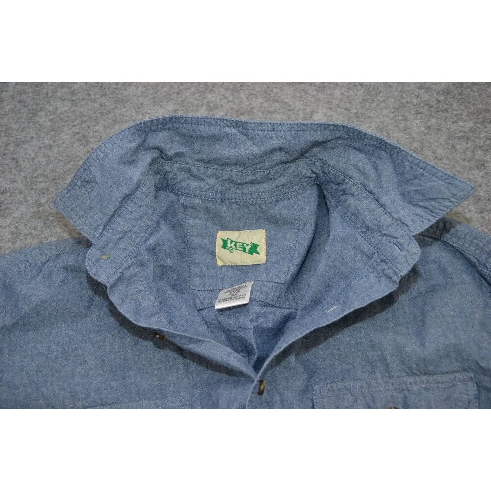 Vintage KEY Blue Denim Pearl‎ Snap Button Front Western Shirt Size XL Regular